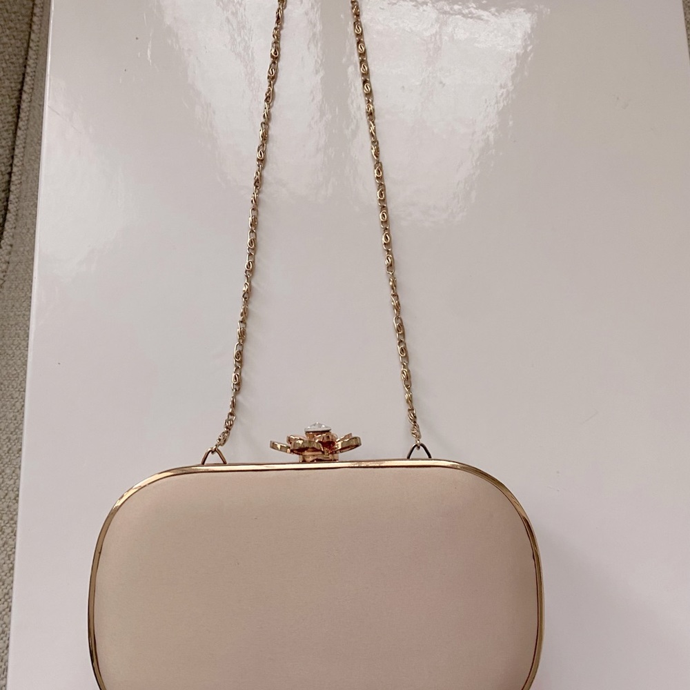 Taupe Evening Bag w/Rose Gold Details; Chic and Sleek Design; Like New